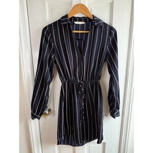 Lush Navy Pinstripe Cinched Waist Shirt Dress